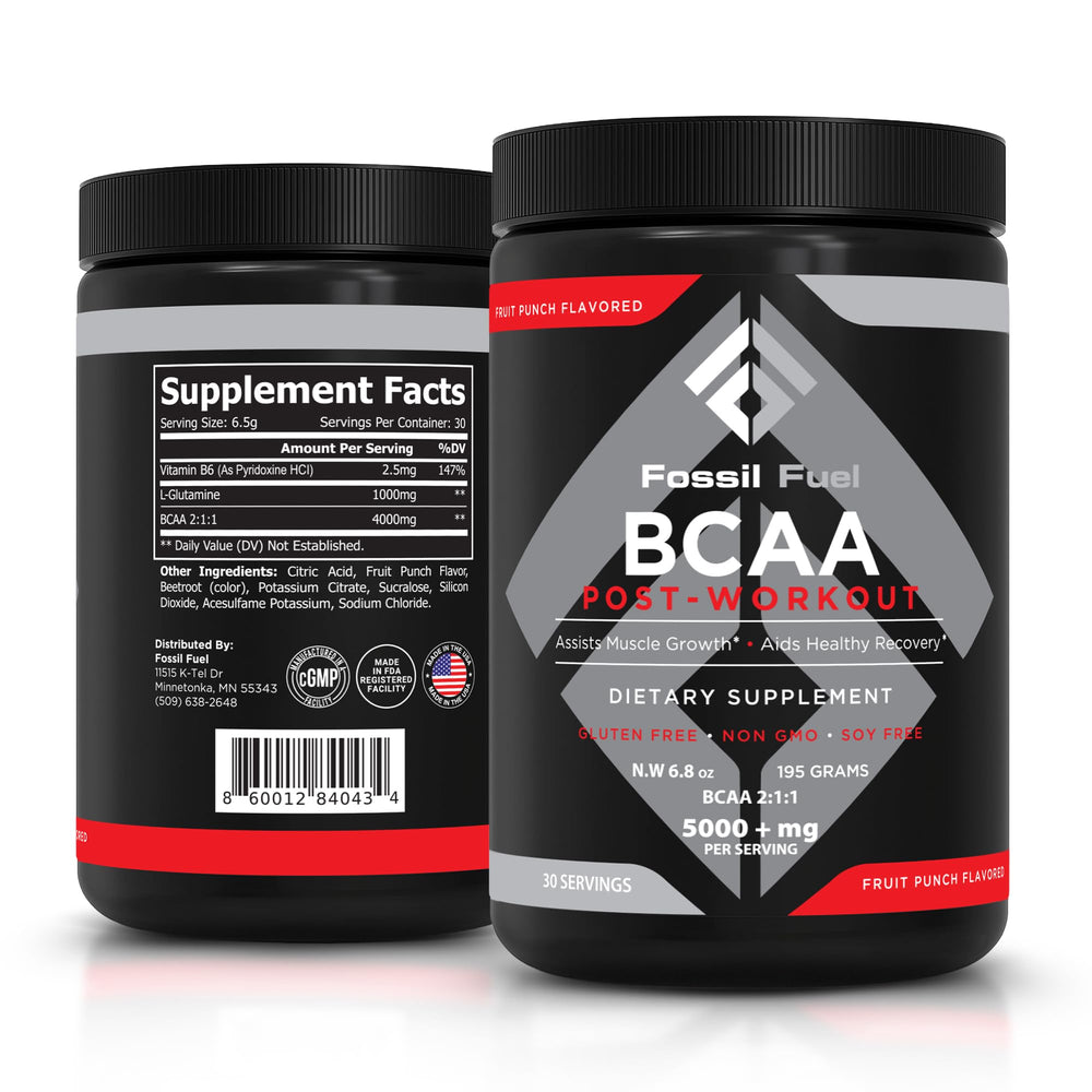 Front of Fossil Fuel BCAA Sugar-Free Post-Workout Powder canister in Fruit Punch flavor