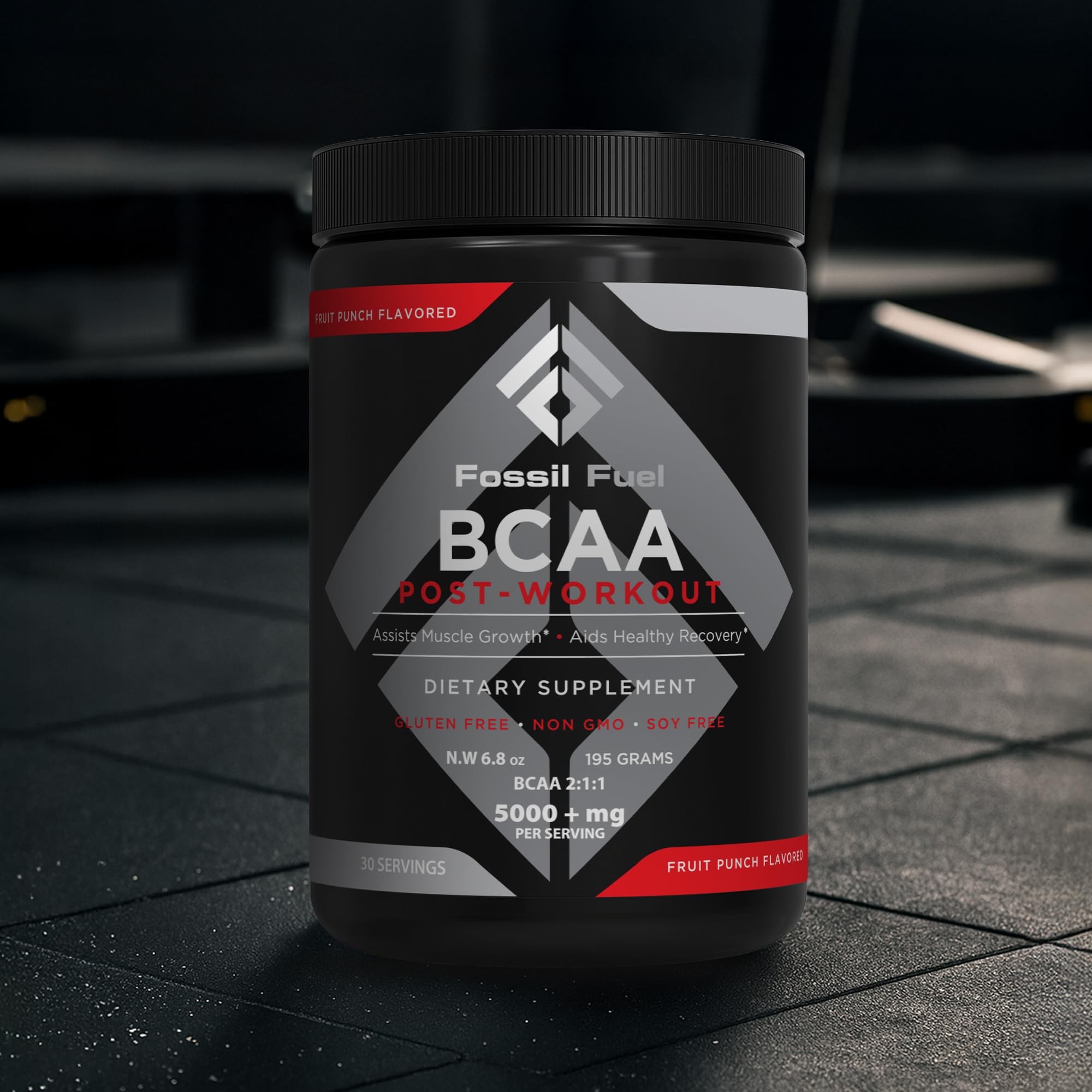 Zero sugar and gluten-free packaging label on Fossil Fuel BCAA Powder