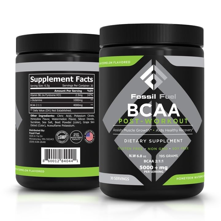 Product bottle of Fossil Fuel BCAA Sugar-Free Post-Workout Powder in Honeydew Watermelon flavor