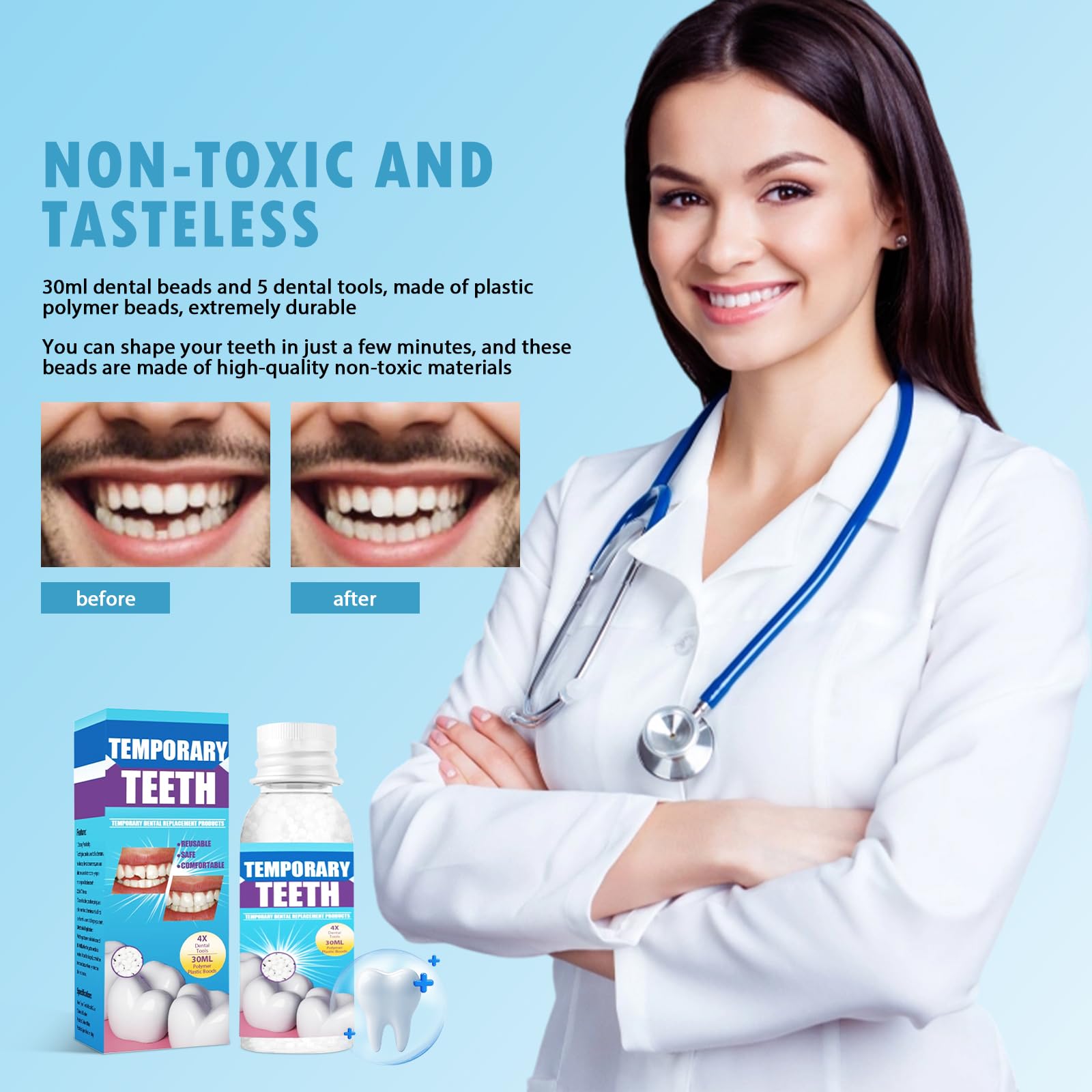 The four included dental tools: mirror, sickle tooth cleaner, probe, and tooth cleaner.