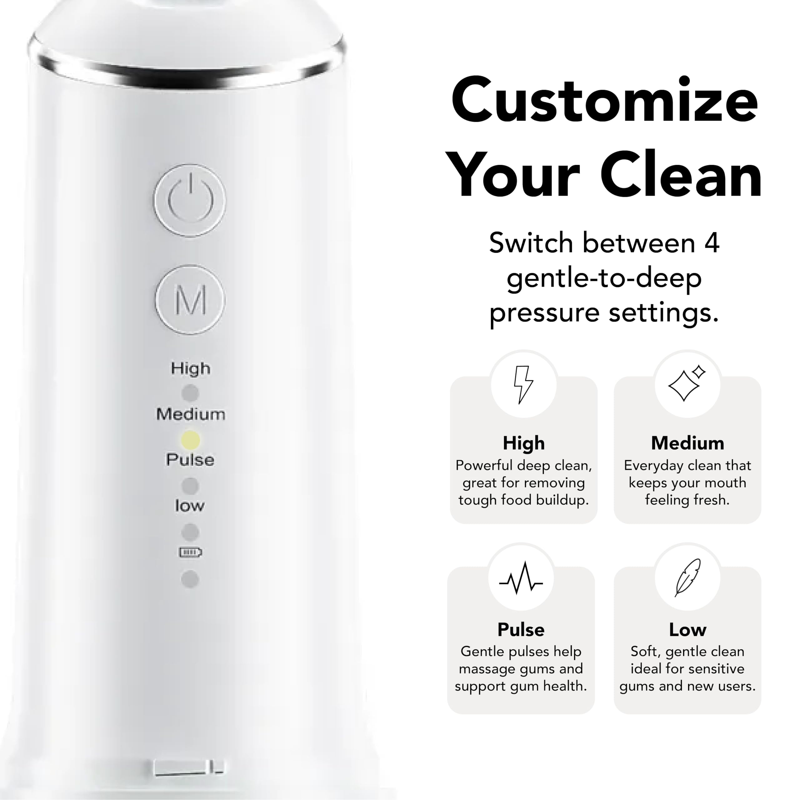 4 adjustable pressure modes for gentle to deep cleaning