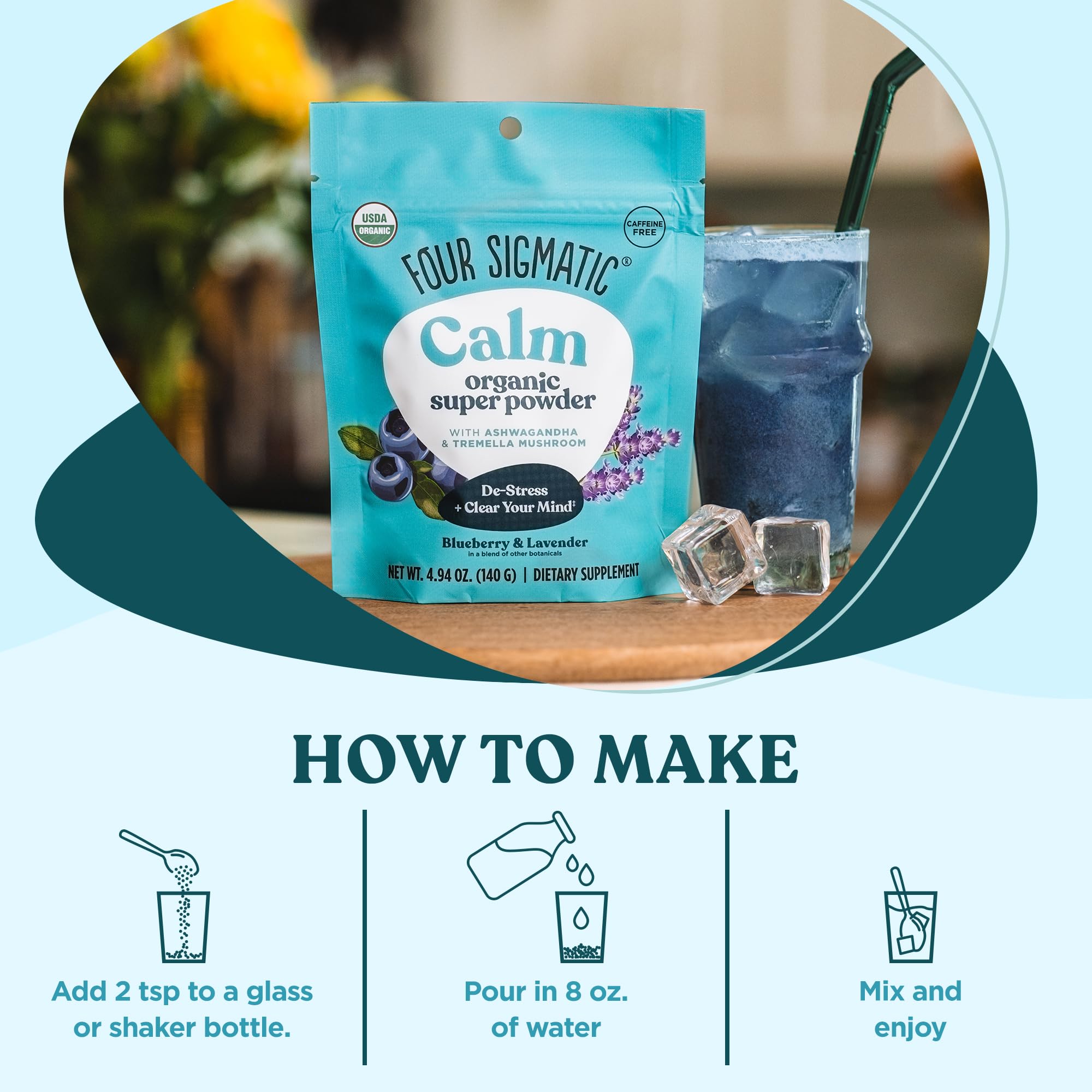 Dairy-free, caffeine-free sleep-support powder pictured in a glass