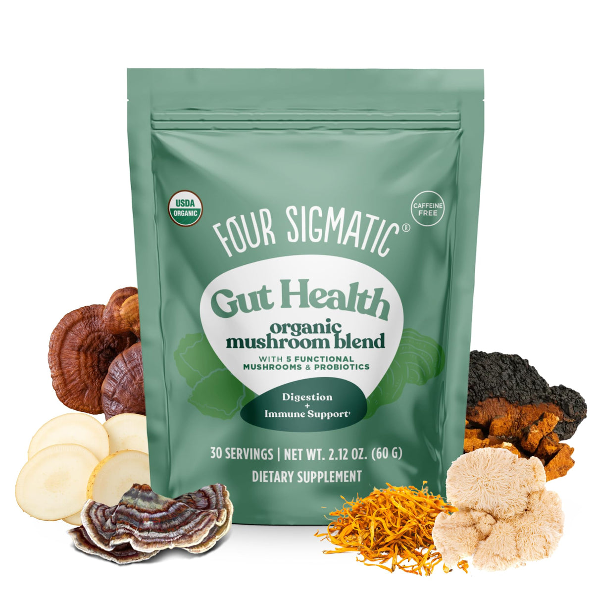 Jar label of Four Sigmatic Gut Health Mushroom Blend
