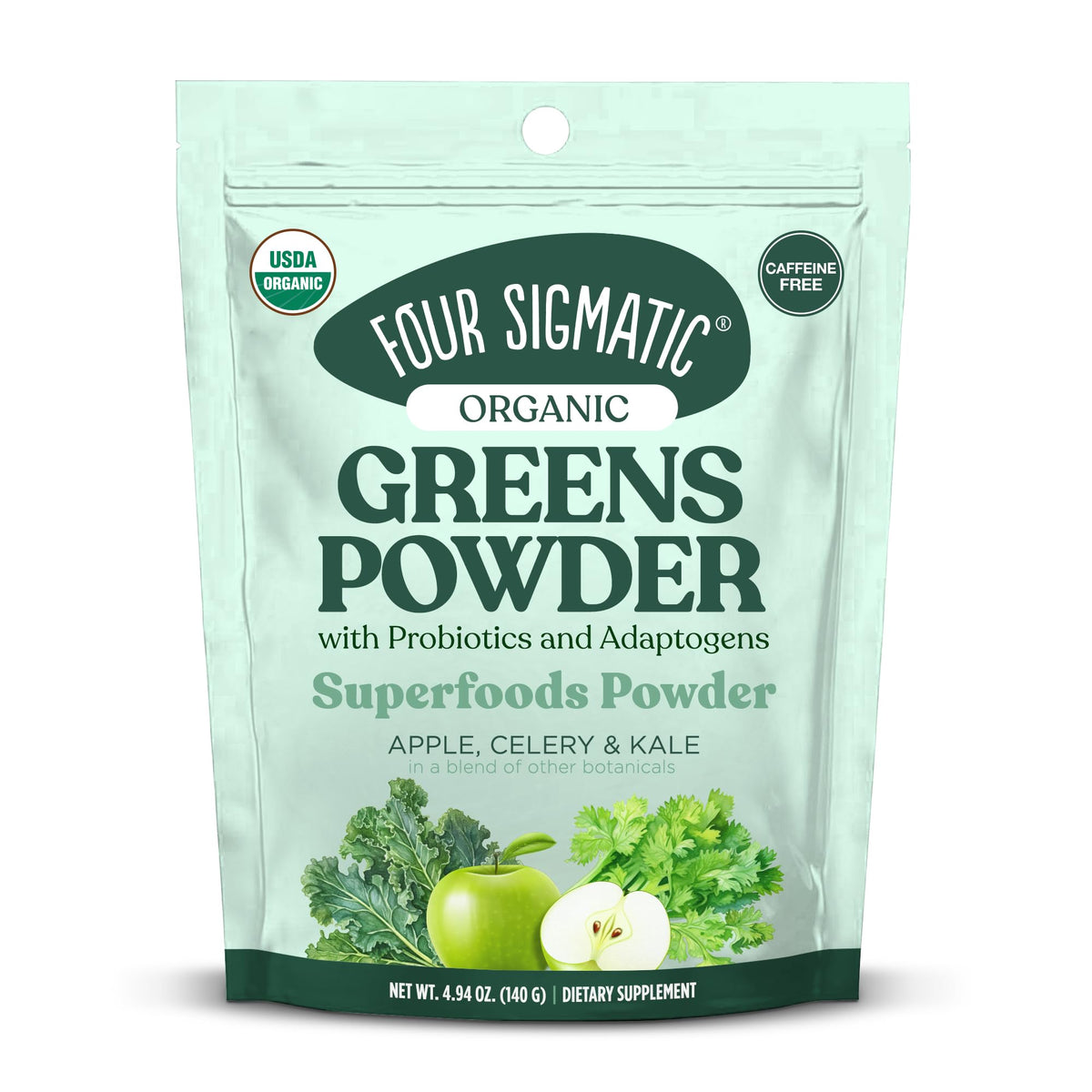 Front view of Four Sigmatic Organic Greens Powder container
