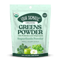 Front view of Four Sigmatic Organic Greens Powder container