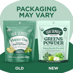 Back view of Four Sigmatic Organic Greens Powder jar showing label