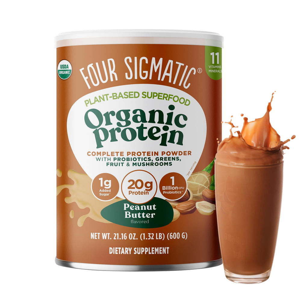 Front view of Four Sigmatic Organic Plant-Based Protein Powder – Peanut Butter flavor