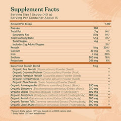 Close-up of organic ingredients including hemp, pea, chia, pumpkin and coconut proteins