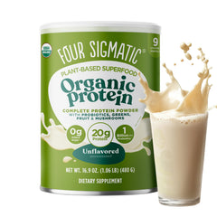 Front and label of Four Sigmatic Organic Plant-Based Protein Powder Unflavored 16.9 oz container