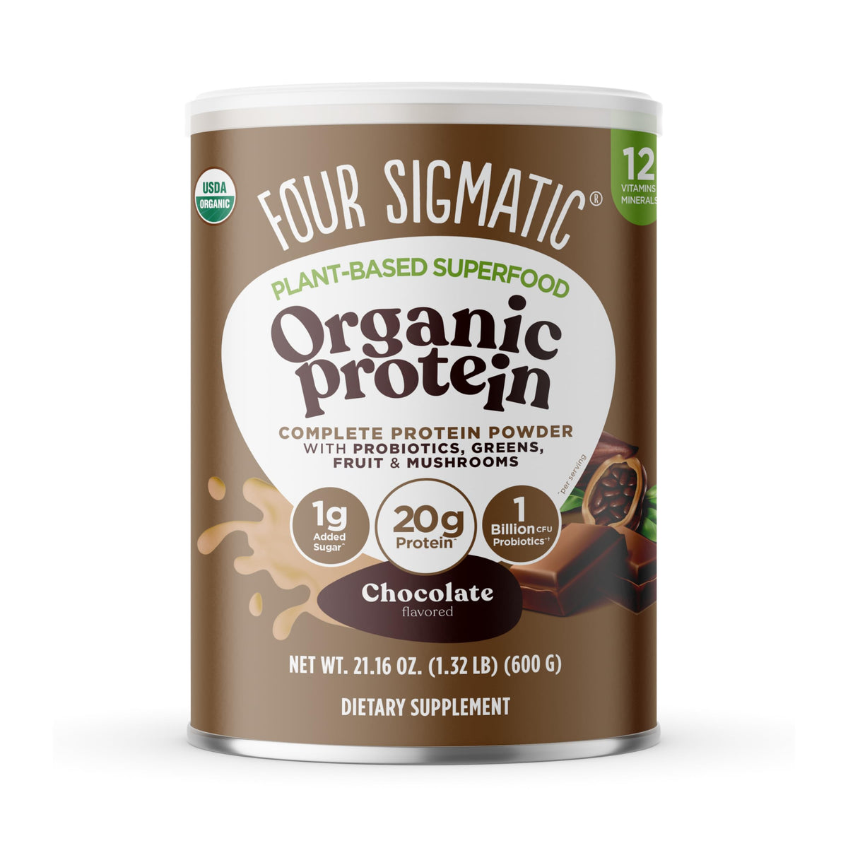 Ingredients panel for Four Sigmatic plant-based protein powder creamy cacao