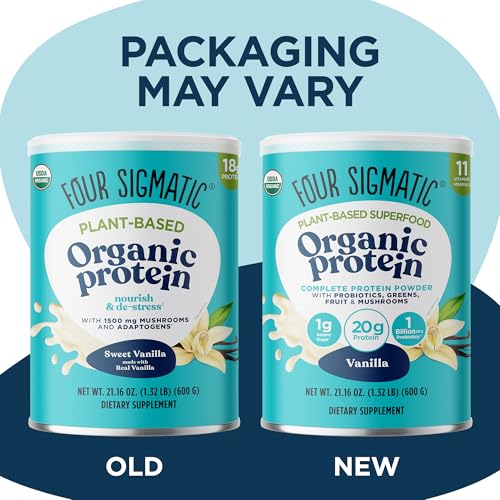 Container with scoop of vegan protein powder showing 18g protein per serving