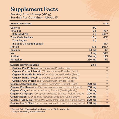 Close-up of ingredients: hemp, pumpkin, chia, coconut, pea protein