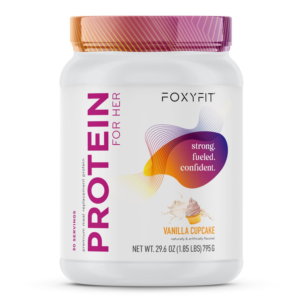 FoxyFit Protein for Her Vanilla Cupcake tub front for convenient post-workout fueling.