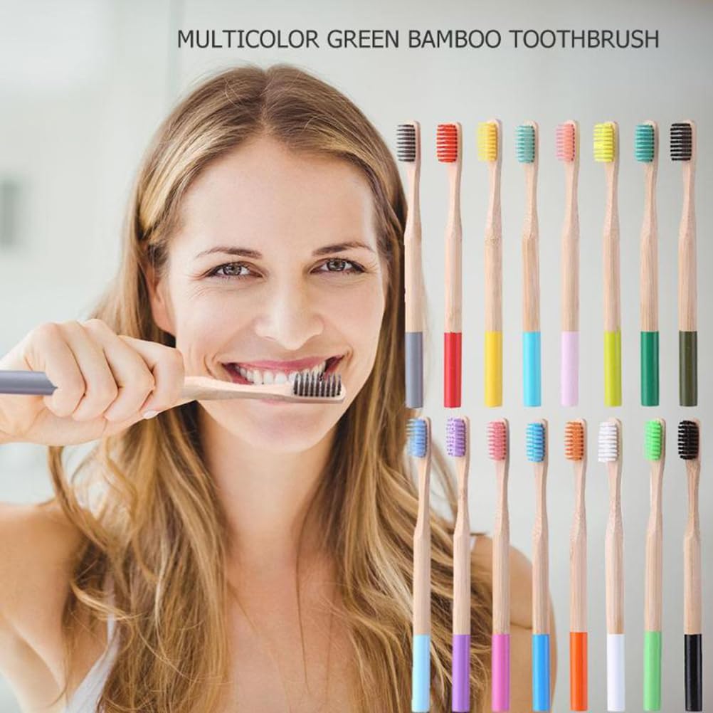 Close-up of soft bristles on a bamboo toothbrush