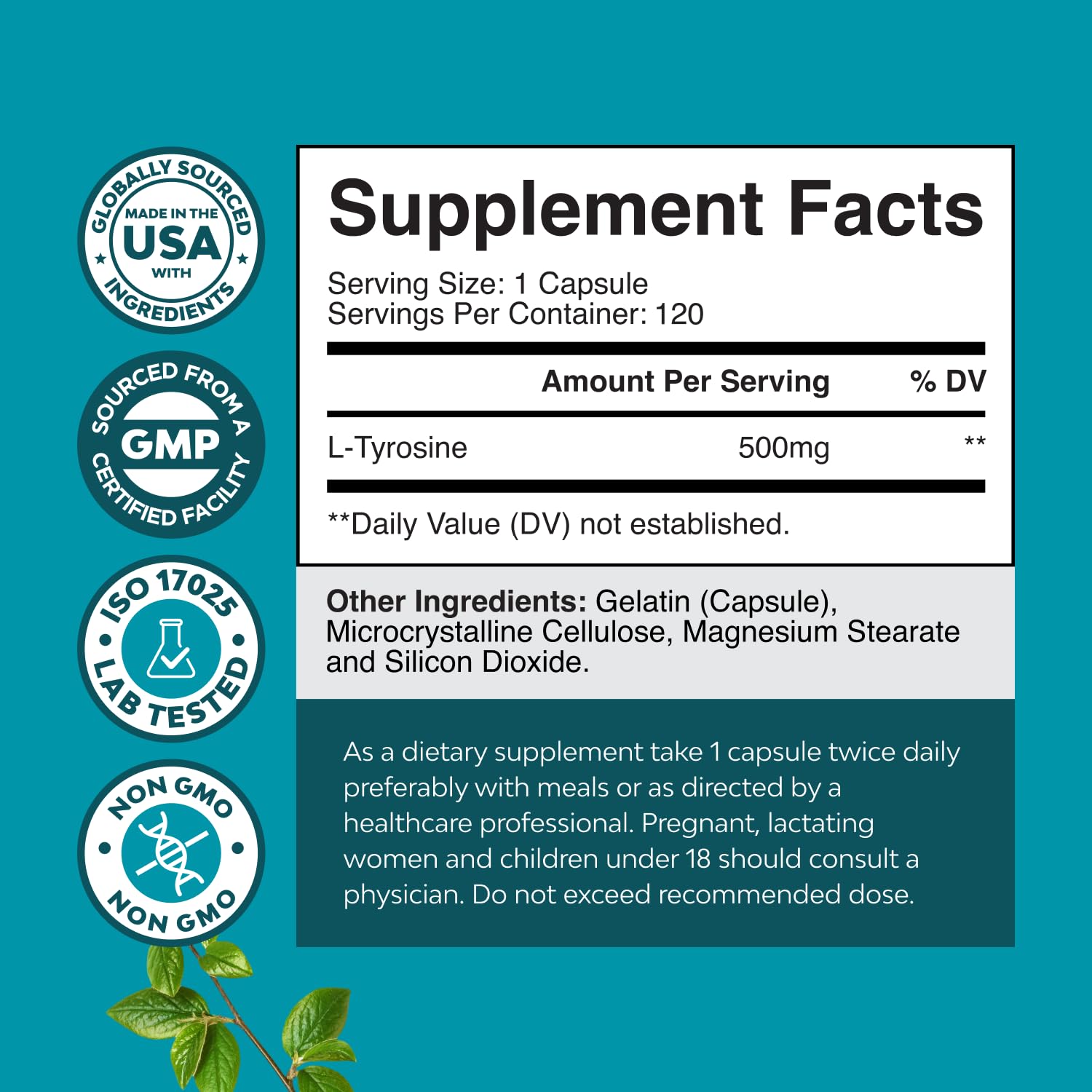 Free Form L Tyrosine 500mg bottle with label visible