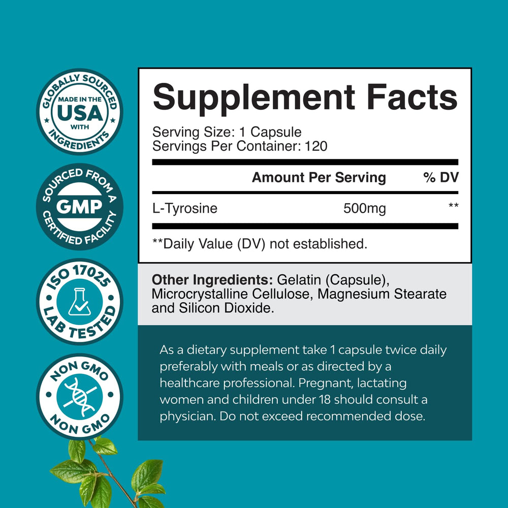 Free Form L Tyrosine 500mg bottle with label visible