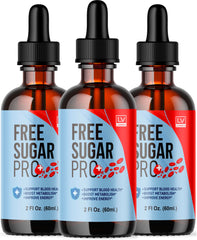 Three-pack Free Sugar Pro Drops bottle on white background