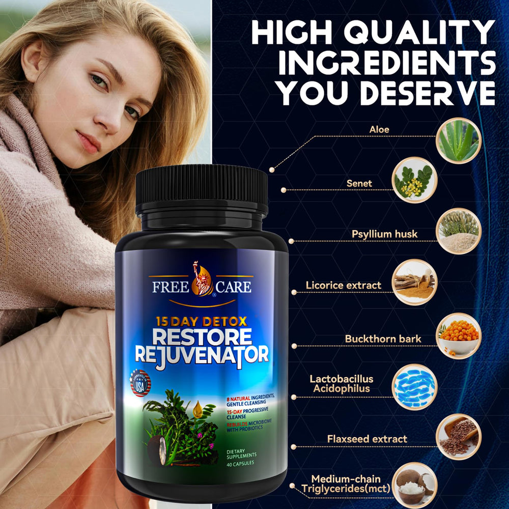 FreeCare Colon Cleanse senna leaf shows natural laxative blend for gentle relief.