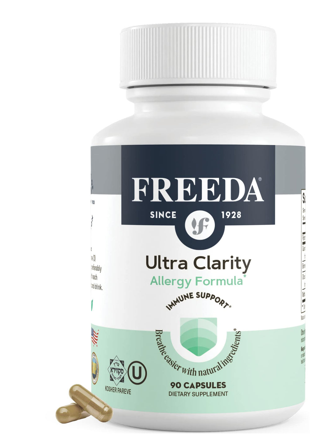 FREEDA Allergy Formula bottle label featuring Quercetin, Bromelain and Nettle Leaf