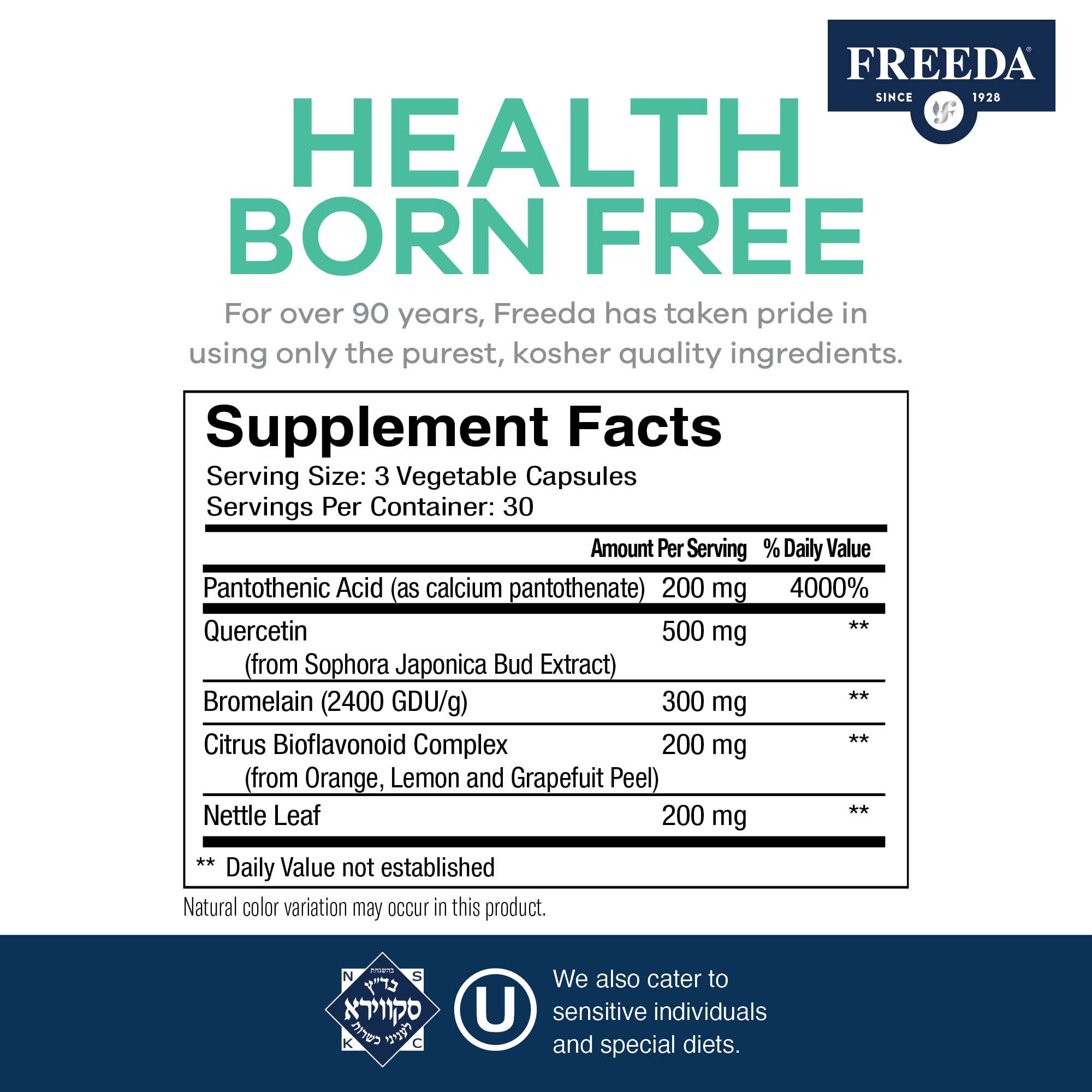 Back label showing ingredients Quercetin, Bromelain and Nettle Leaf