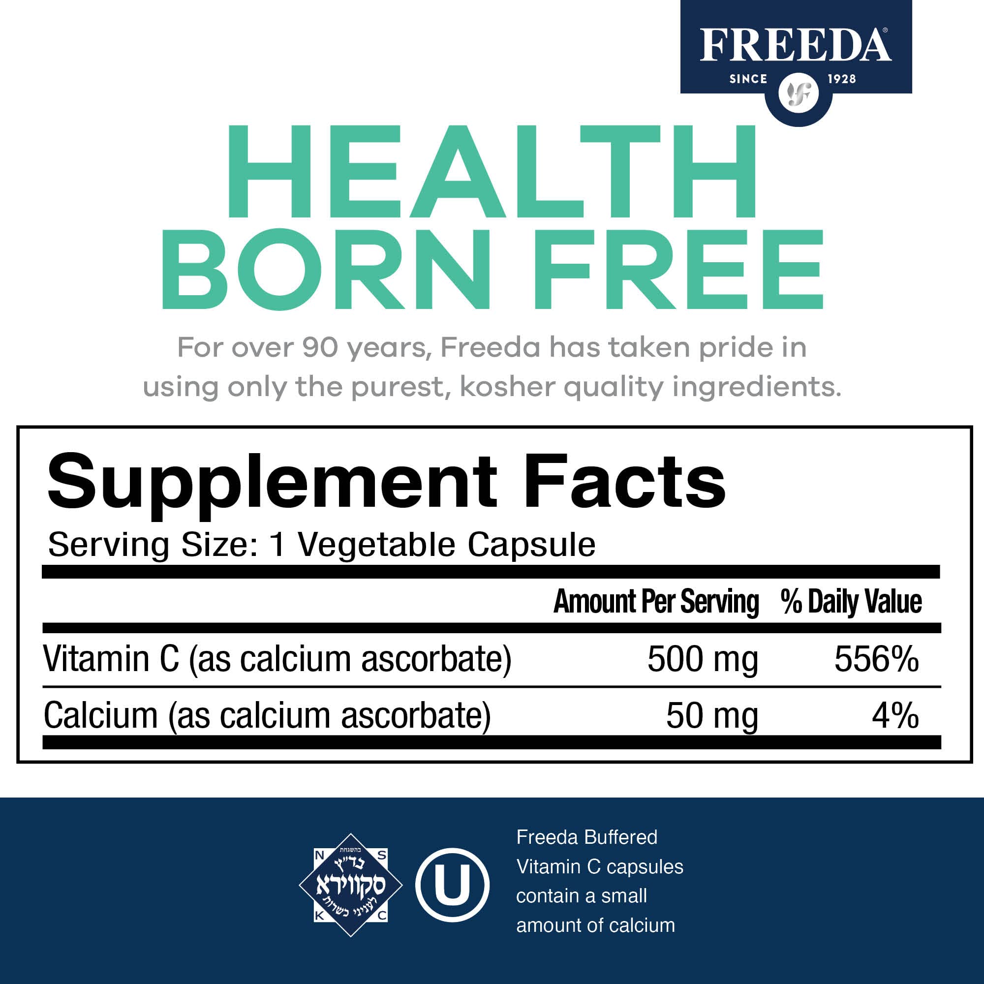 Nutrition facts and ingredients panel of FREEDA Vitamin C