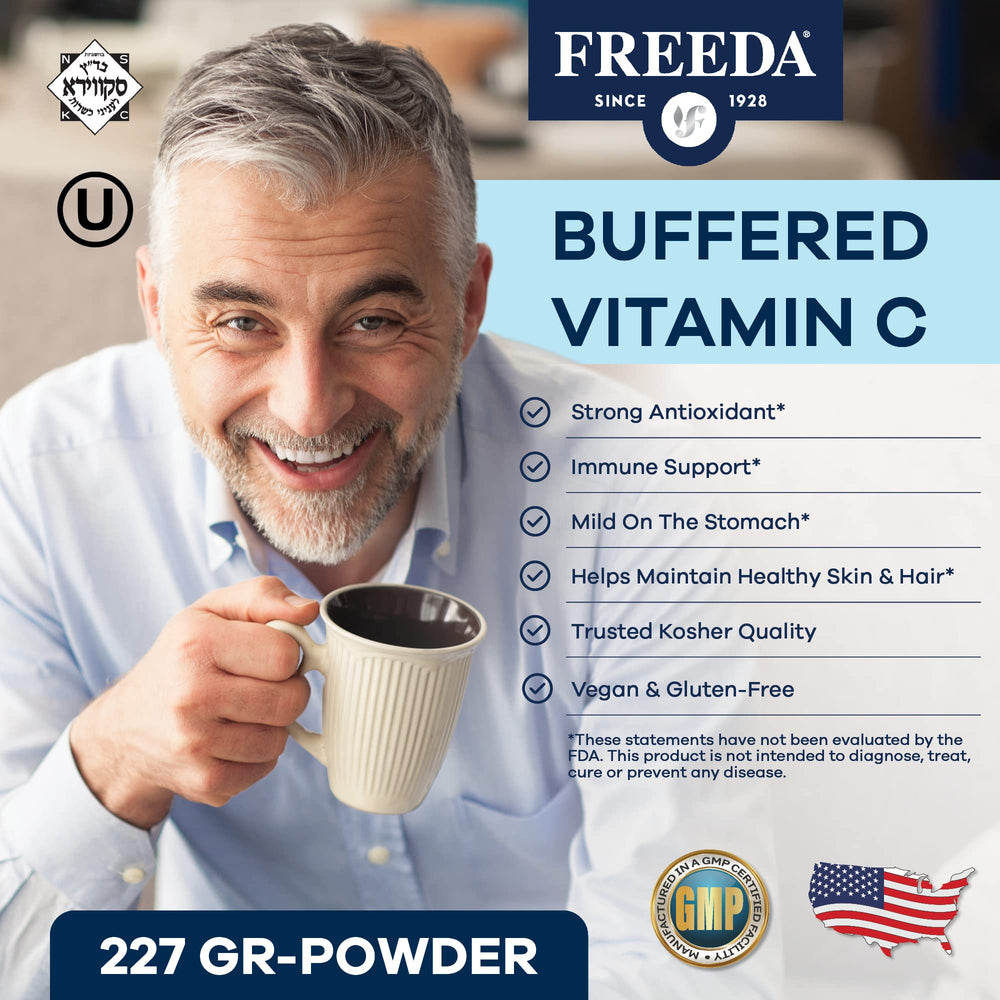 Product label highlighting non-acidic buffered vitamin C