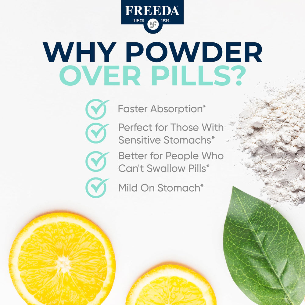 Nutrition facts label for FREEDA Buffered Vitamin C Powder