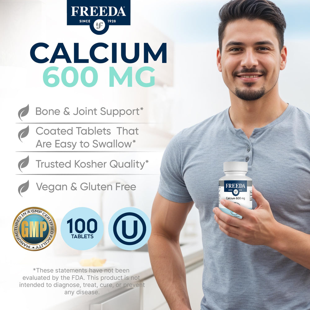 Freeda Calcium Carbonate 600 mg bottle – back label with supplement facts