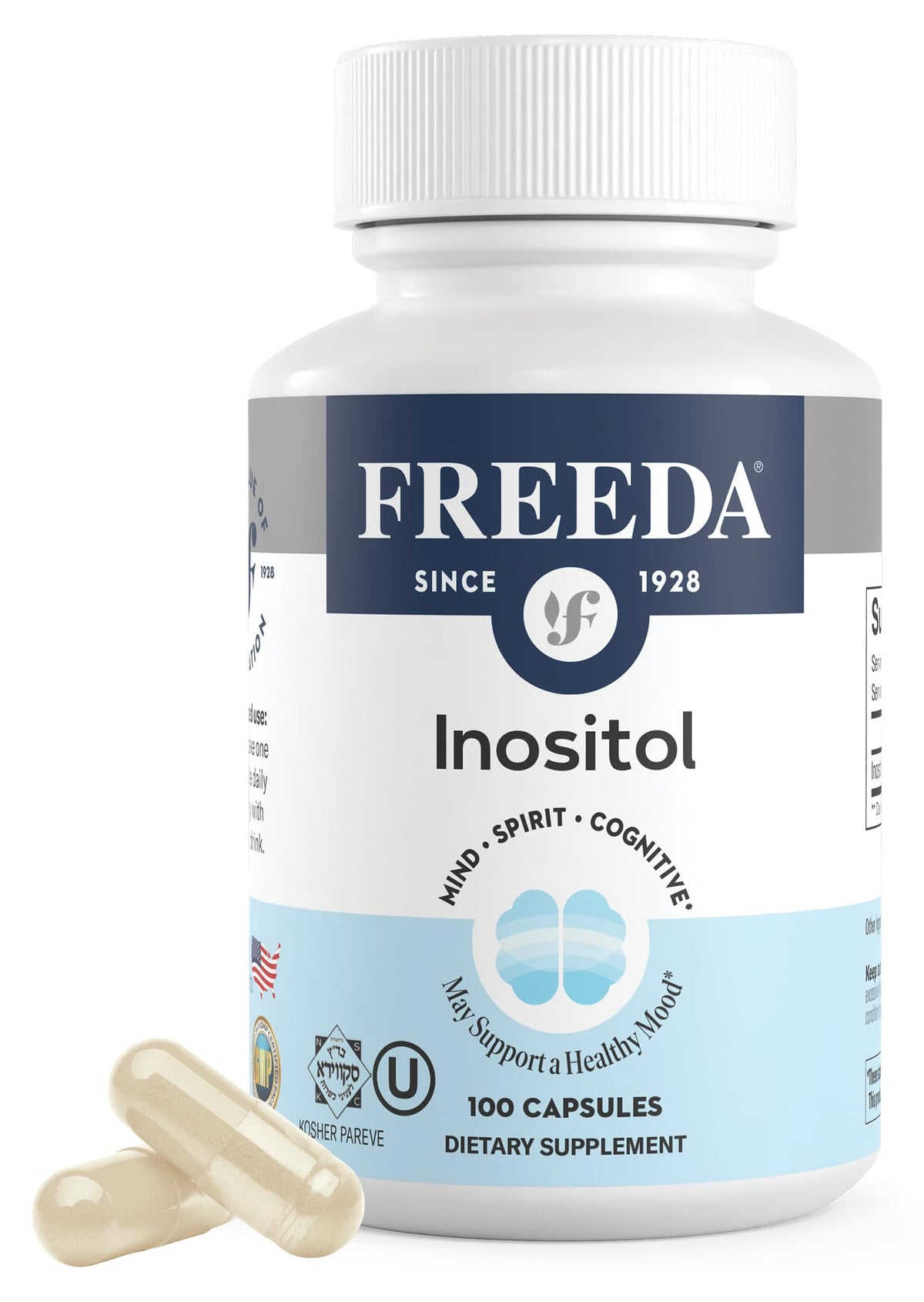 Front view of FREEDA Pure Inositol Capsules bottle with 650 mg per capsule