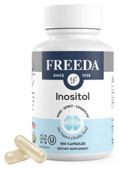 Front view of FREEDA Pure Inositol Capsules bottle with 650 mg per capsule