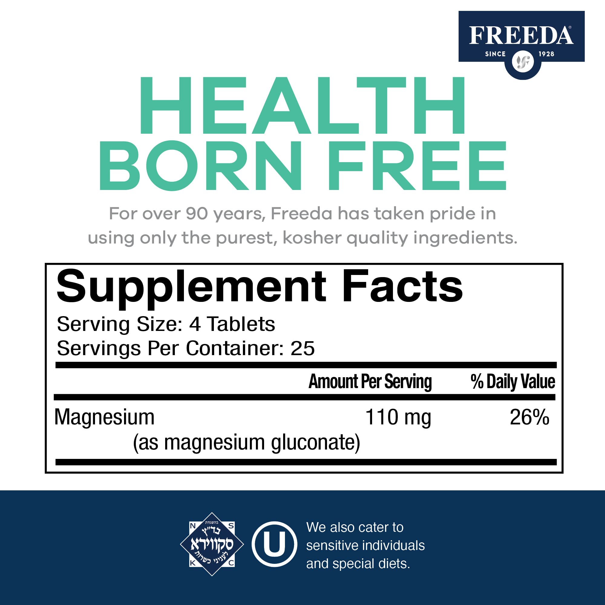 Freeda Magnesium Gluconate vegan and gluten-free formula