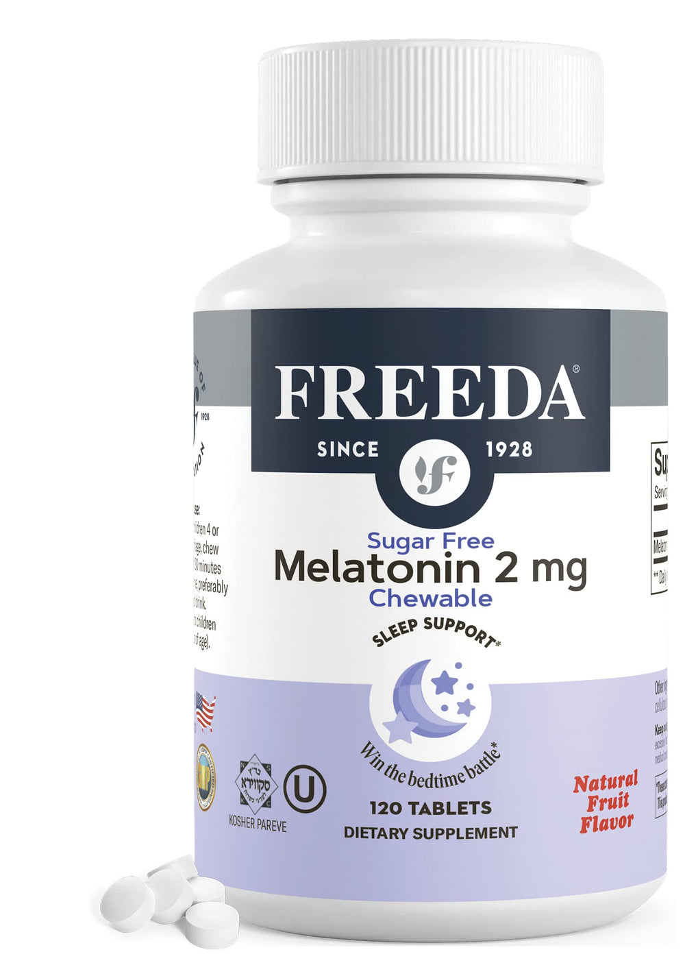 Freeda Melatonin 2mg Sugar-Free Chewables bottle with 120 tablets