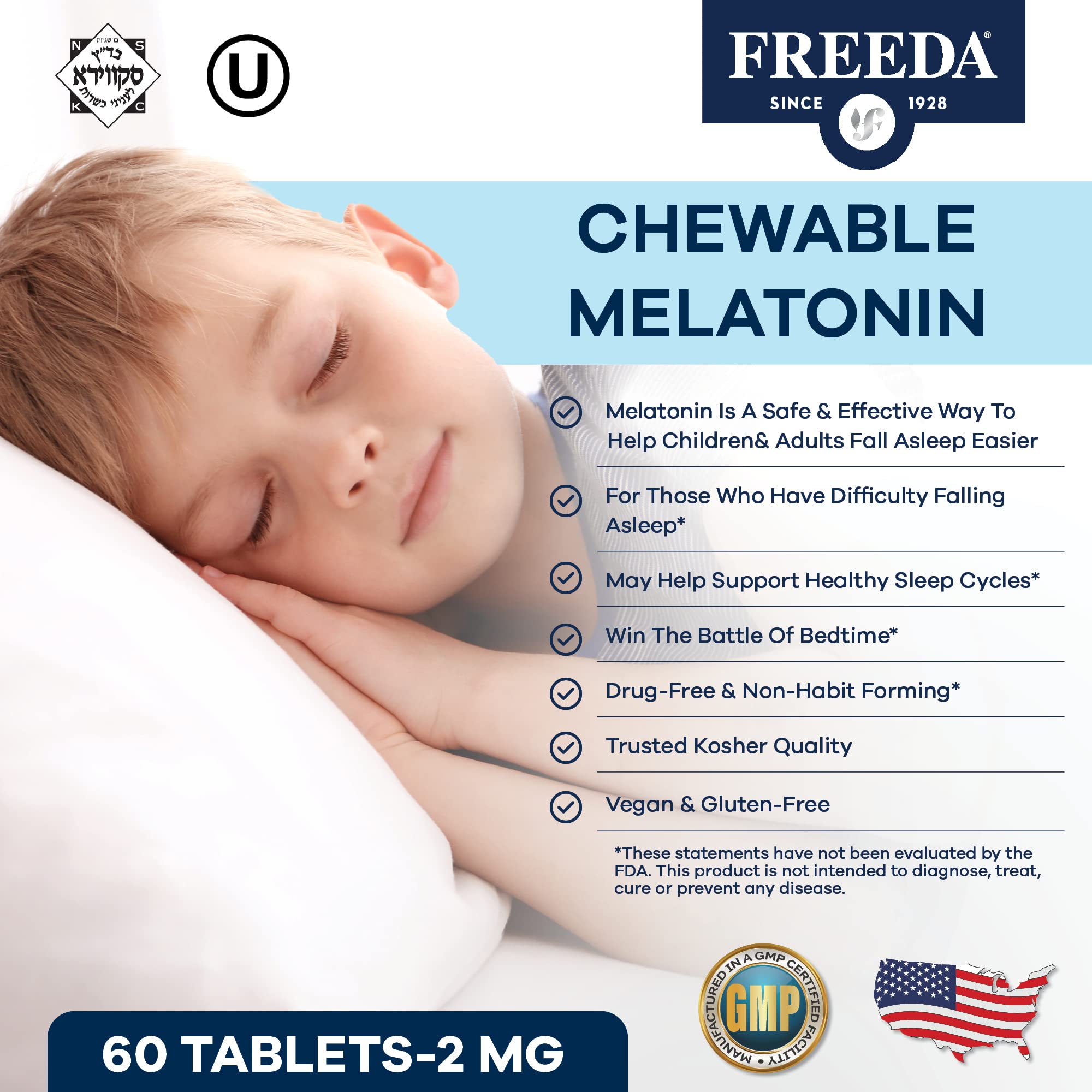 Close-up of Freeda Melatonin 2mg Sugar-Free Chewables bottle label
