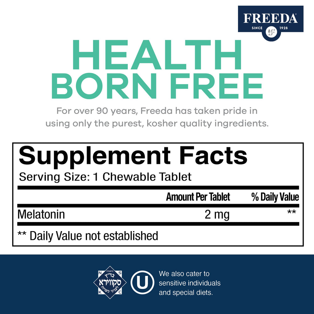 Vegan and kosher certified Freeda Melatonin chewables packaging