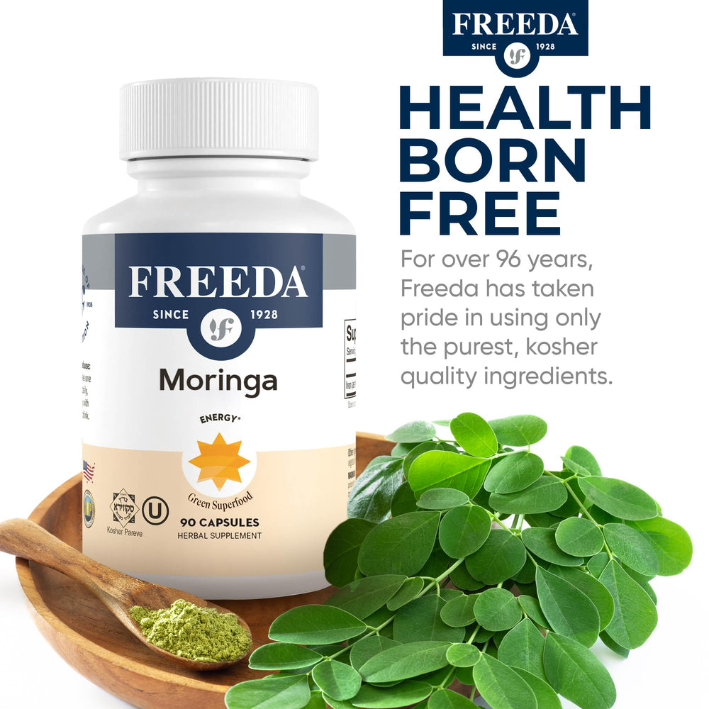 Kosher Pareve, Non-GMO Freeda Moringa label