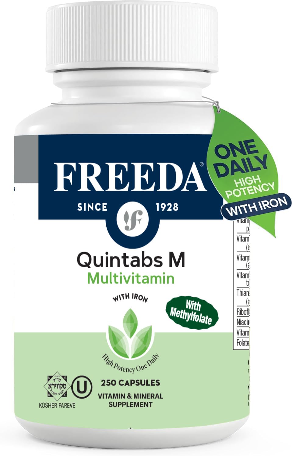 Bottle of FREEDA Multivitamin One Daily Quintabs-M with Iron