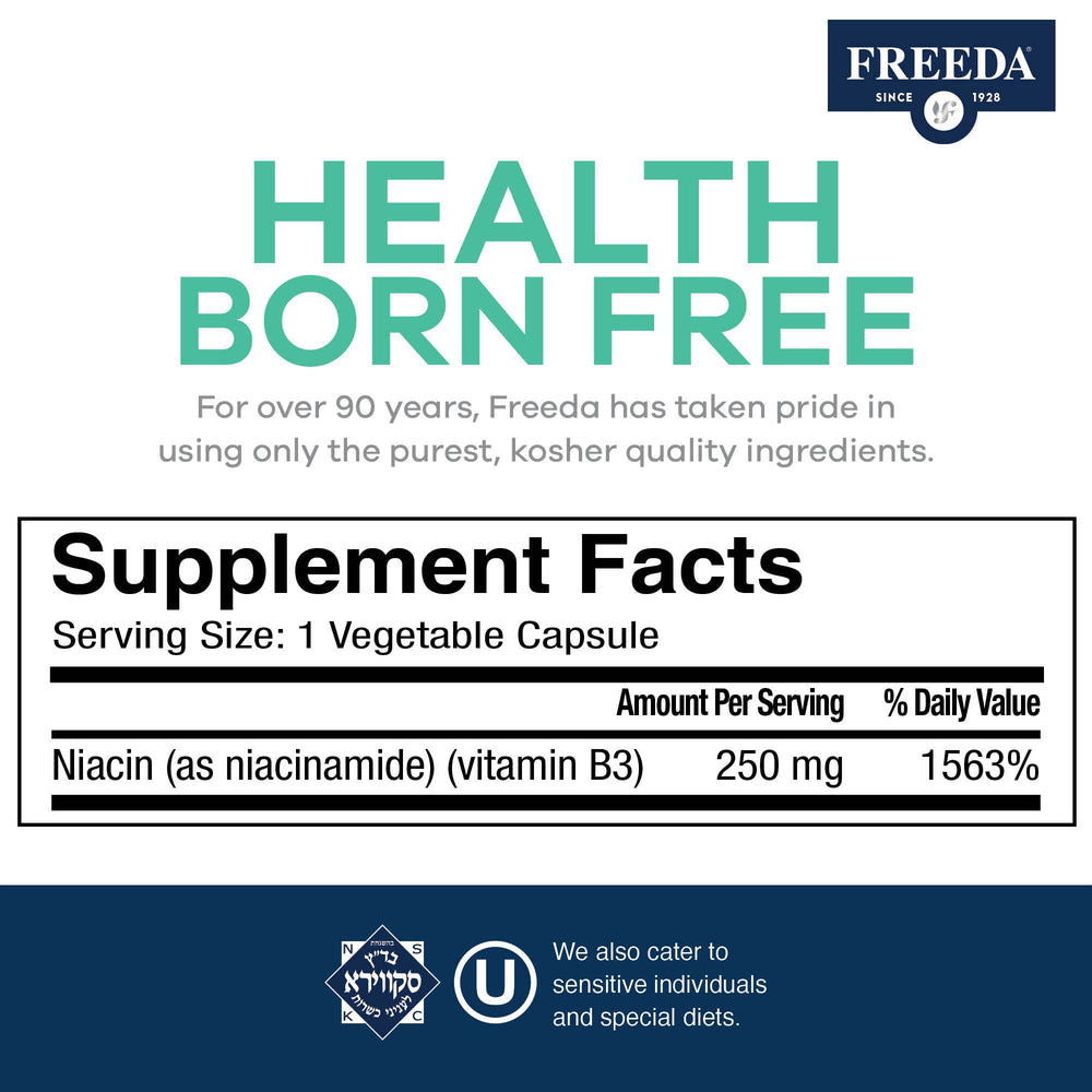 Freeda Niacinamide packaging with 500 capsules specification