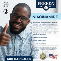 Close-up of Freeda Niacinamide 500 capsules bottle label