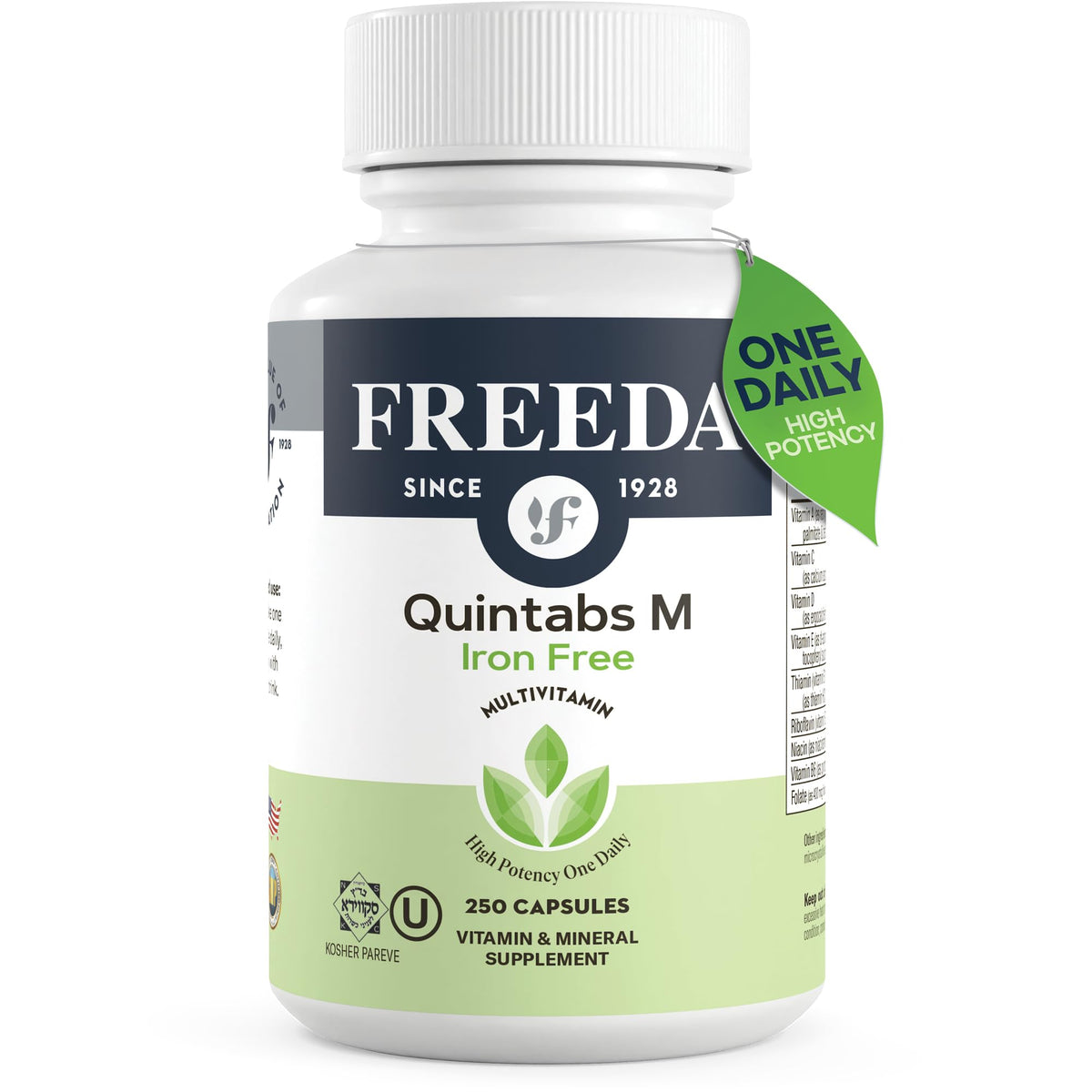 Bottle of FREEDA One Daily Multivitamin Without Iron 250 capsules