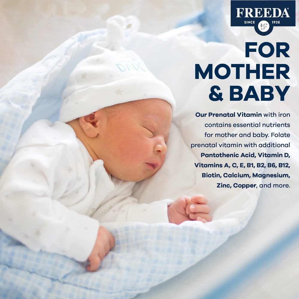 FREEDA prenatal vitamin bottle and packaging with USA flag