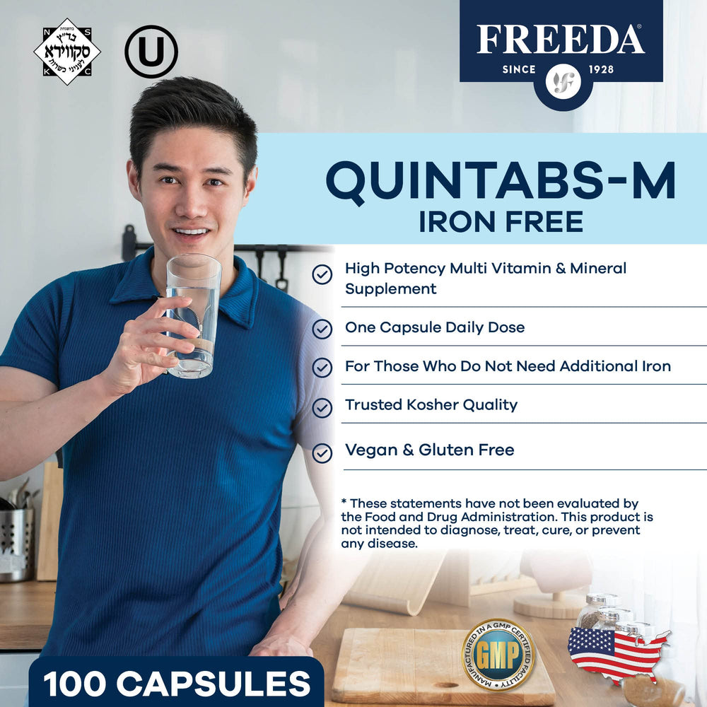 Quintabs-M iron-free multivitamin nutrition label