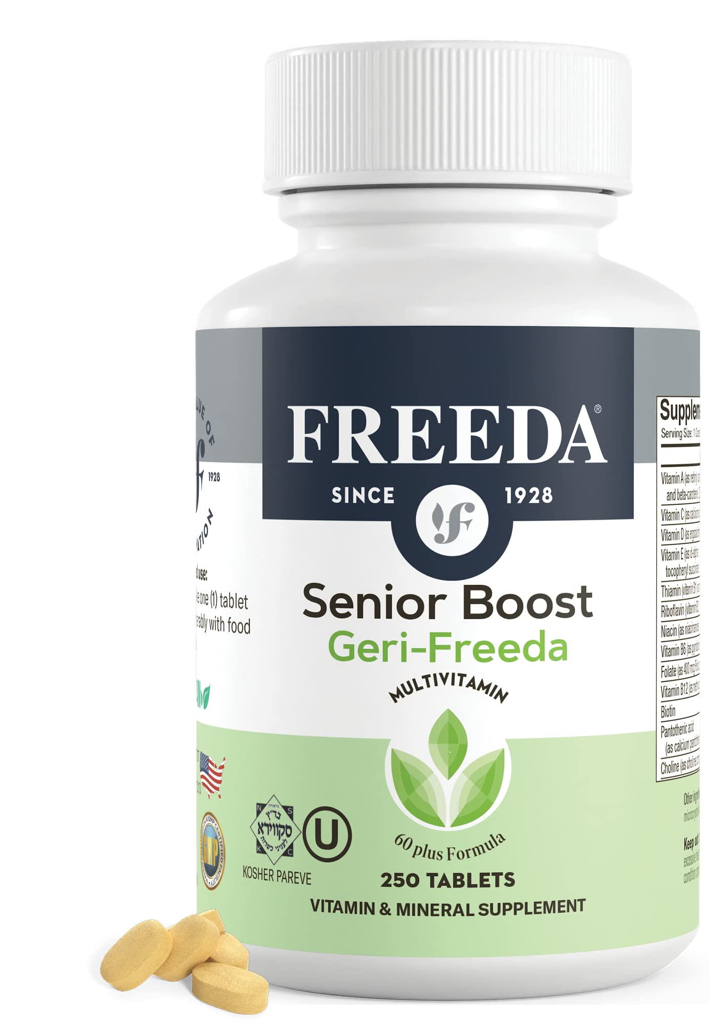Freeda Senior Multivitamin bottle for ages 60+, one daily coated tablet