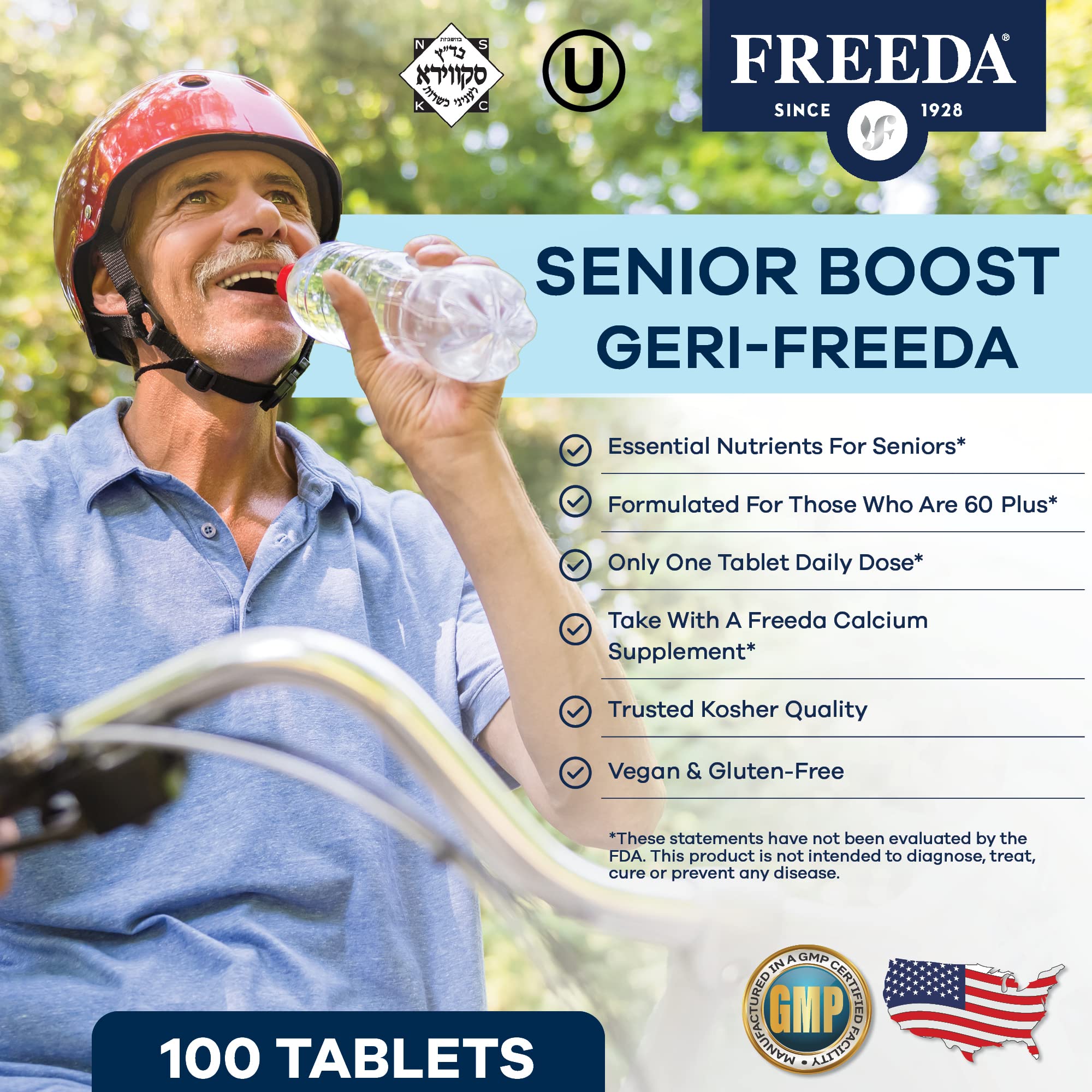 Nutritional facts label and ingredients of Freeda Senior Multivitamin
