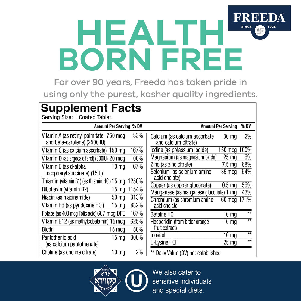 Kosher certified Freeda Senior Multivitamin packaging