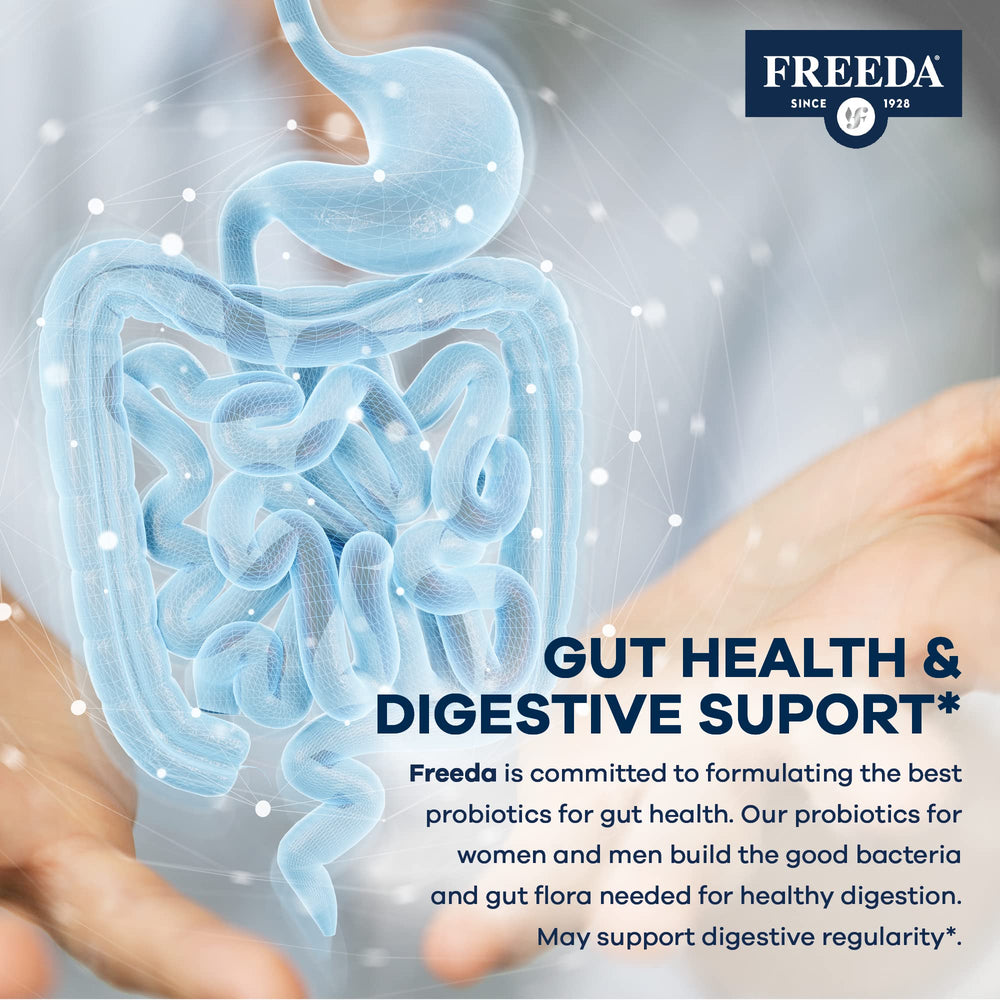 Vegan and kosher certified, non-GMO FREEDA probiotic label