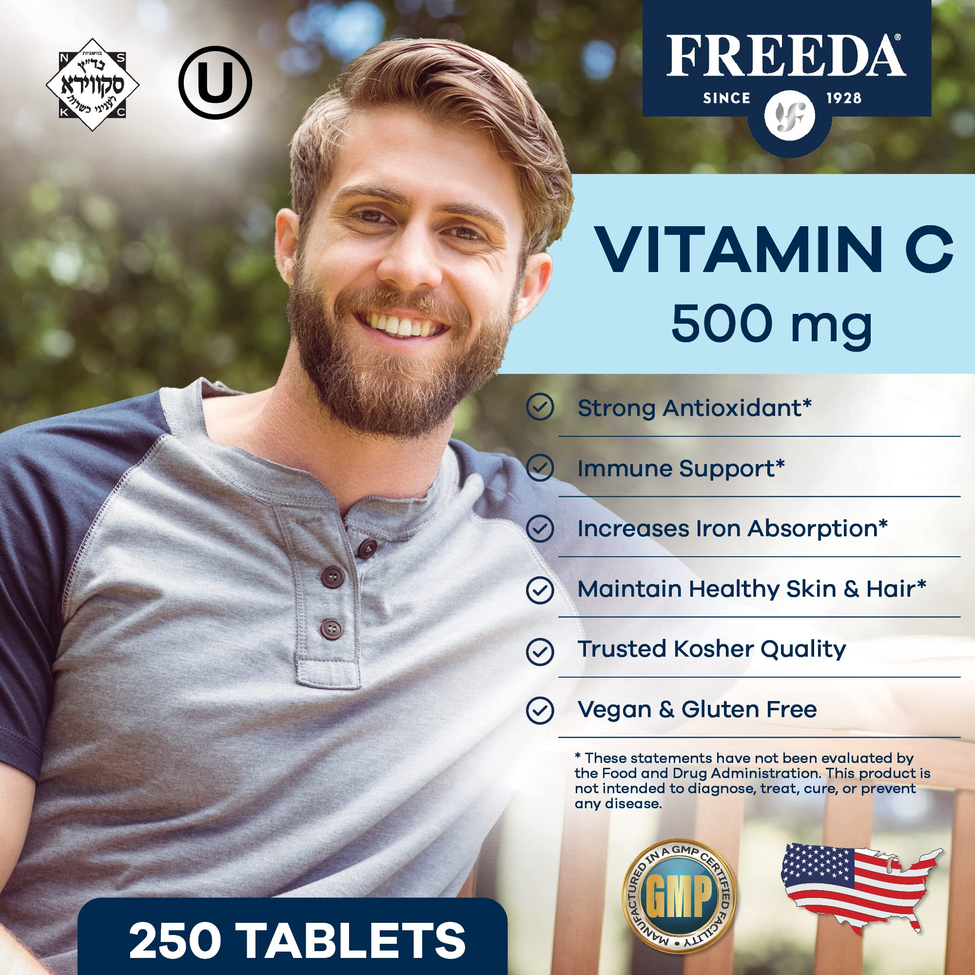 Close up of FREEDA Vitamin C 500mg tablets