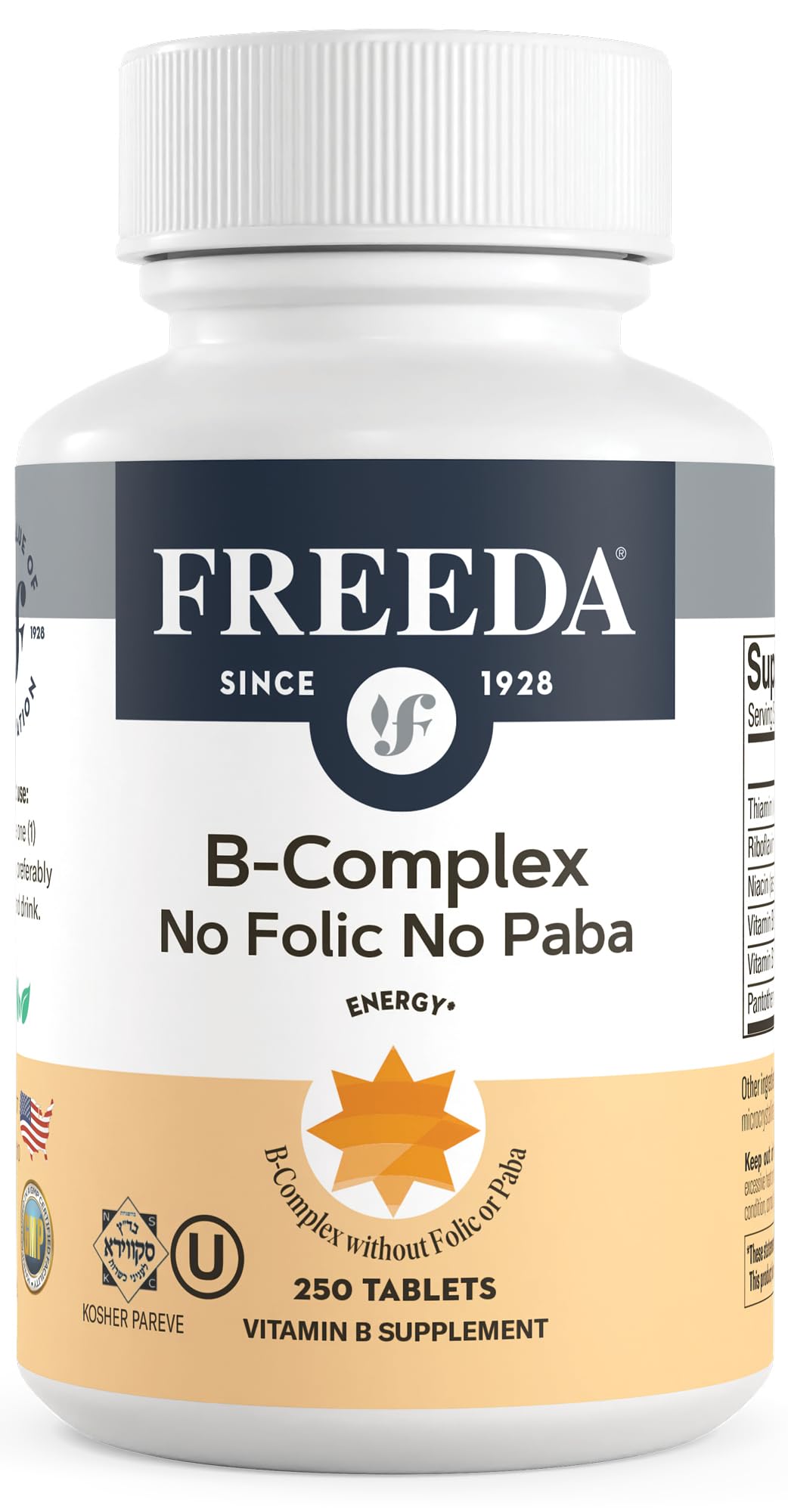 Freeda Vitamin B Complex bottle with No Folic No PABA labeling