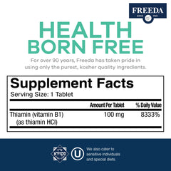 Freeda Vitamin B1 Thiamine 100mg nutrition facts panel