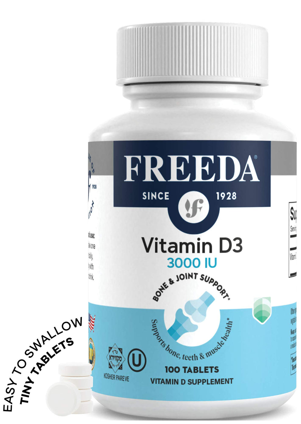 Freeda Vitamin D3-3000 IU tablets close-up