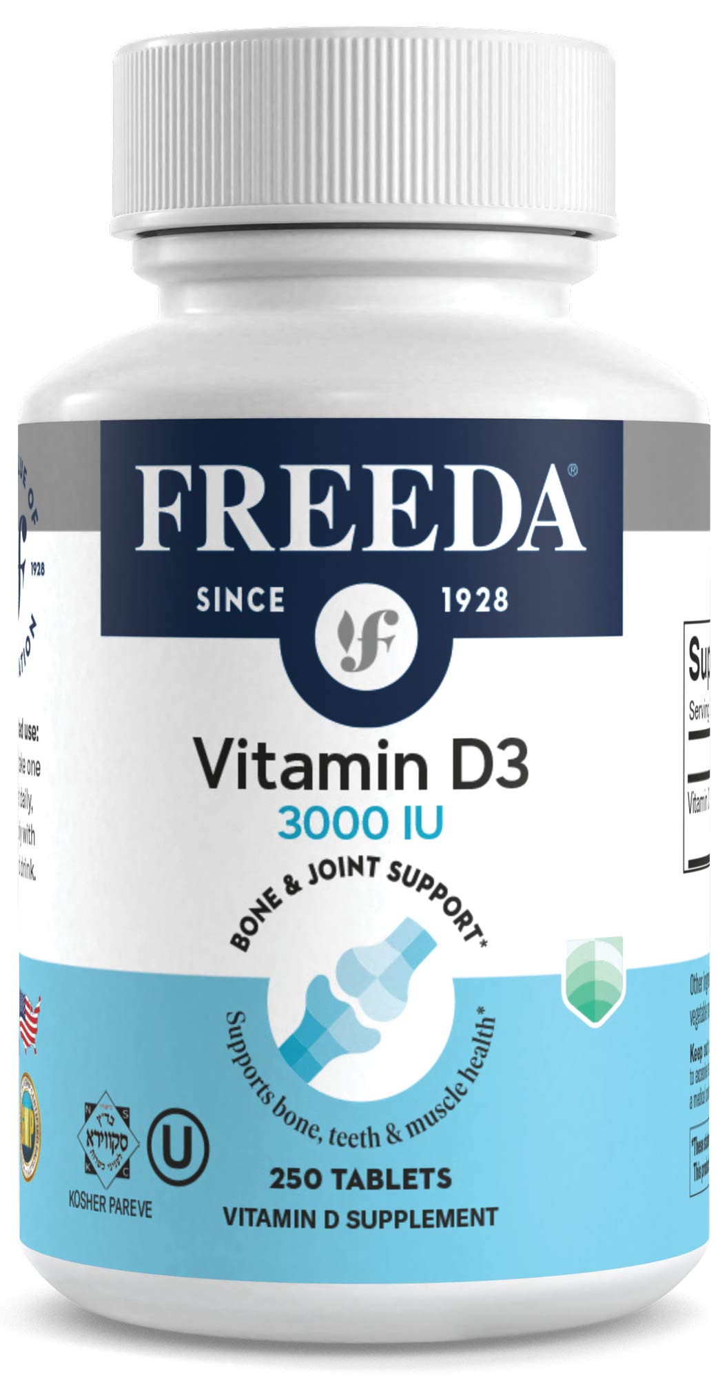 Front view of FREEDA Vitamin D3 3000 IU bottle
